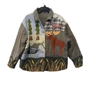 Vtg Patchwork Quilted Jacket Outdoors Duck Moose Eagle Women's Reversible XL